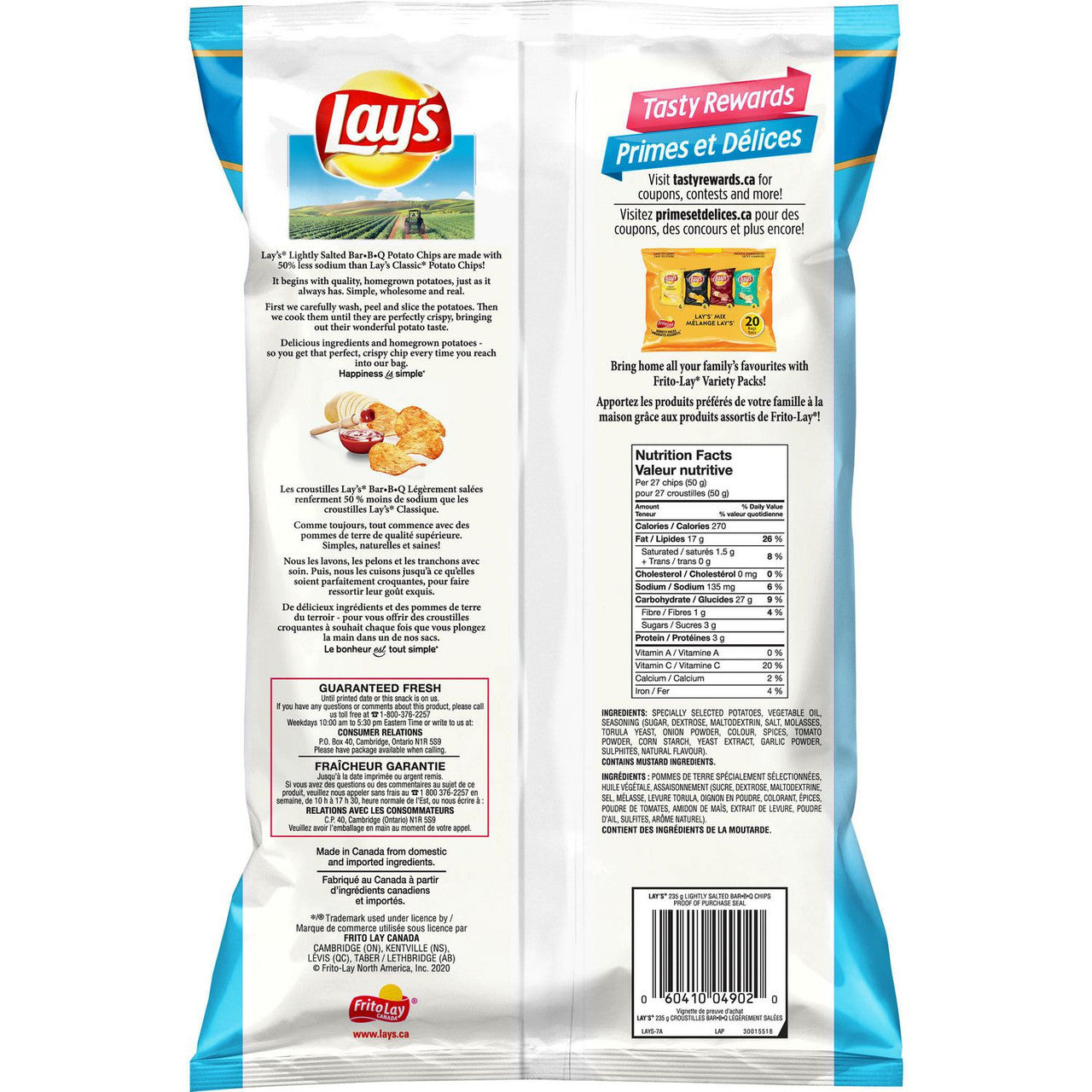 Lay's Barbecue Lightly Salted Potato Chips, 235g/8.3 oz., {Imported from Canada}